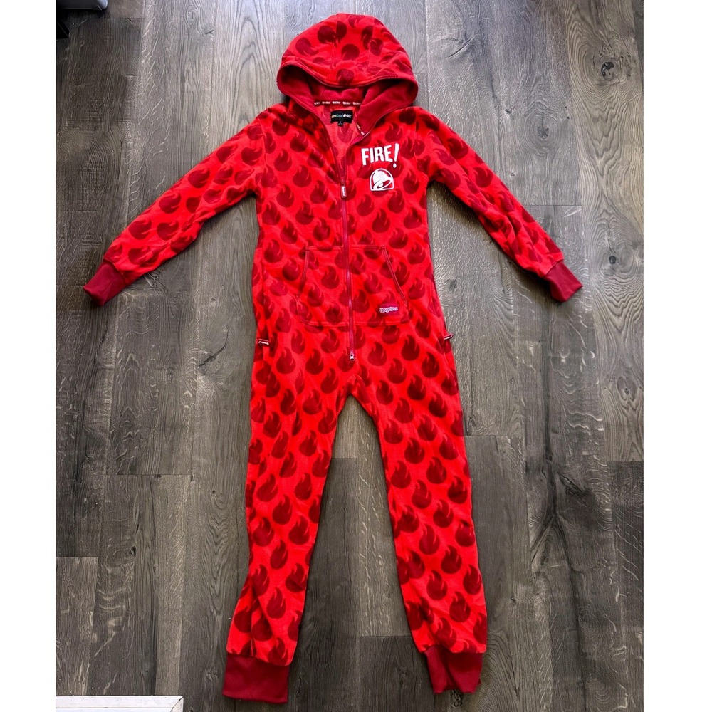Tipsy Elves Taco Bell Fire Sauce Jumpsuit Small Red Fleece Halloween Costume Exc